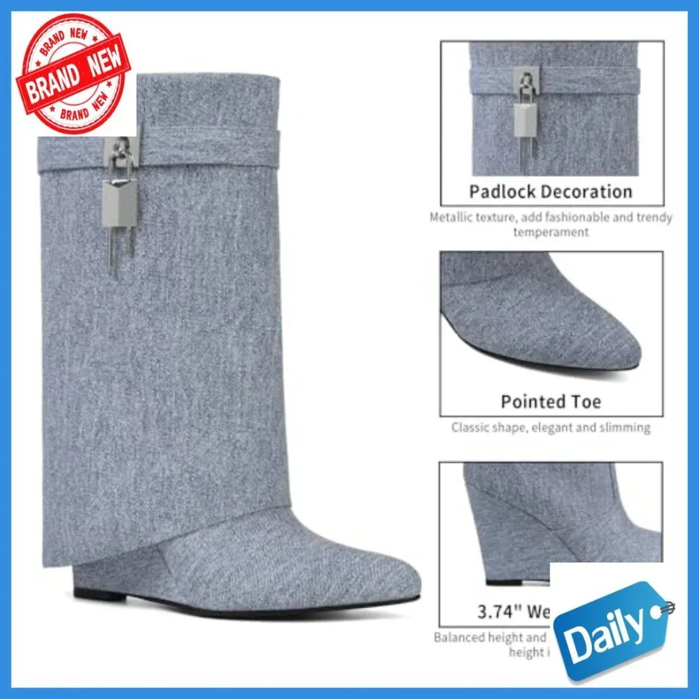 Wedge Heel Ankle Booties with Fold Over Design and Side Zipper